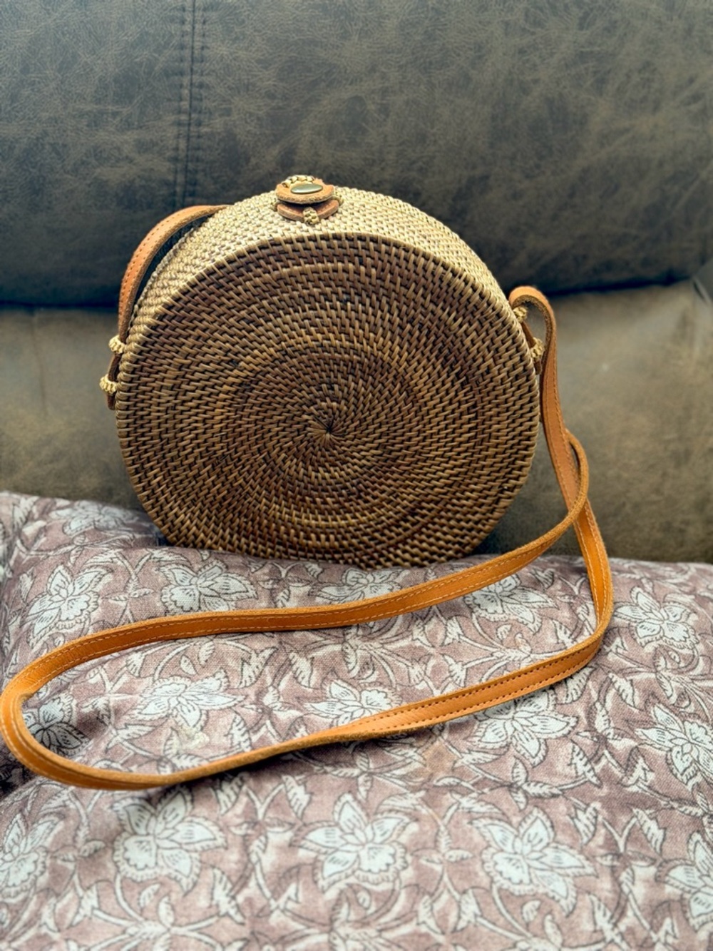 Handmade Cow Leather Round Rattan Crossbody Bag in Brown with Tan Strap